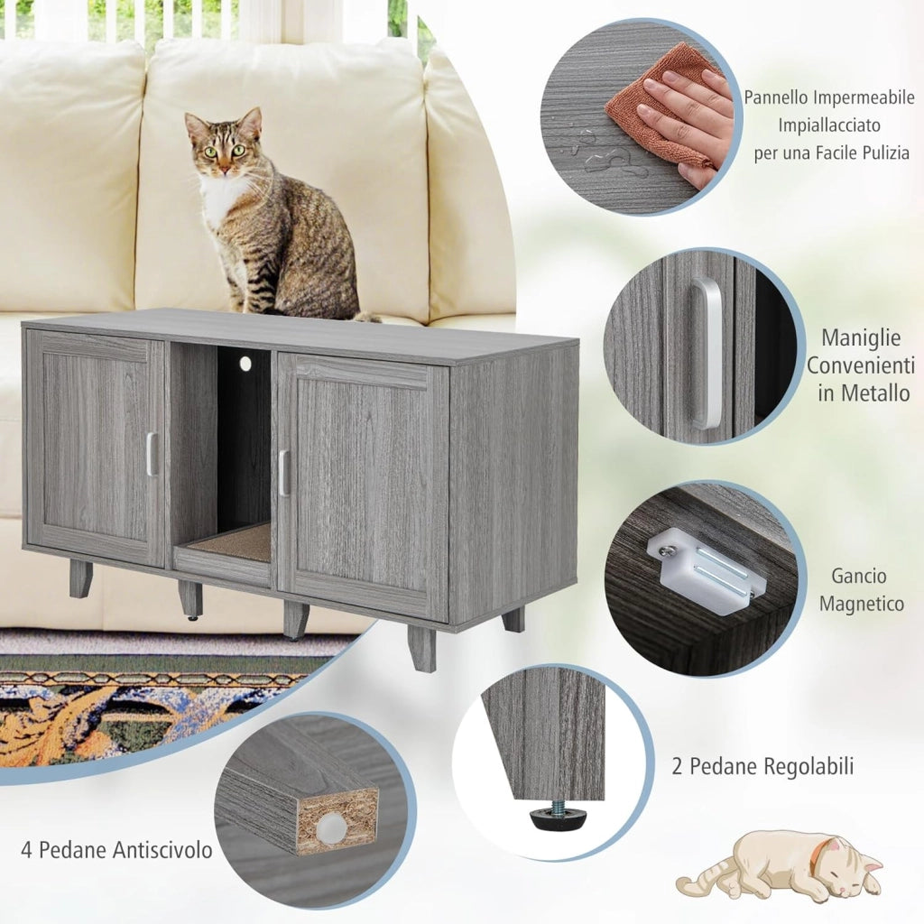 Mobile per Lettiera per Gatti 120 x 52 x 65 cm, Casetta per Gatti con 2 Ante, Fori, Tiragraffi e Gambe Staccabili, Mobile Versatile e Moderno per Salotto (Quercia grigia)
