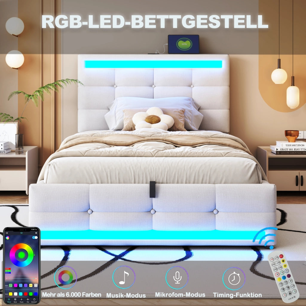 DESMIU Letto imbottito 90 × 200 cm 1 posto con LED RGB, 2 porte USB, testiera regolabile, senza materasso, beige