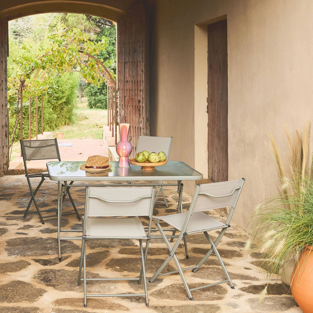 Set tavolo da giardino pieghevole in acciaio con 4 sedie, verde kaki