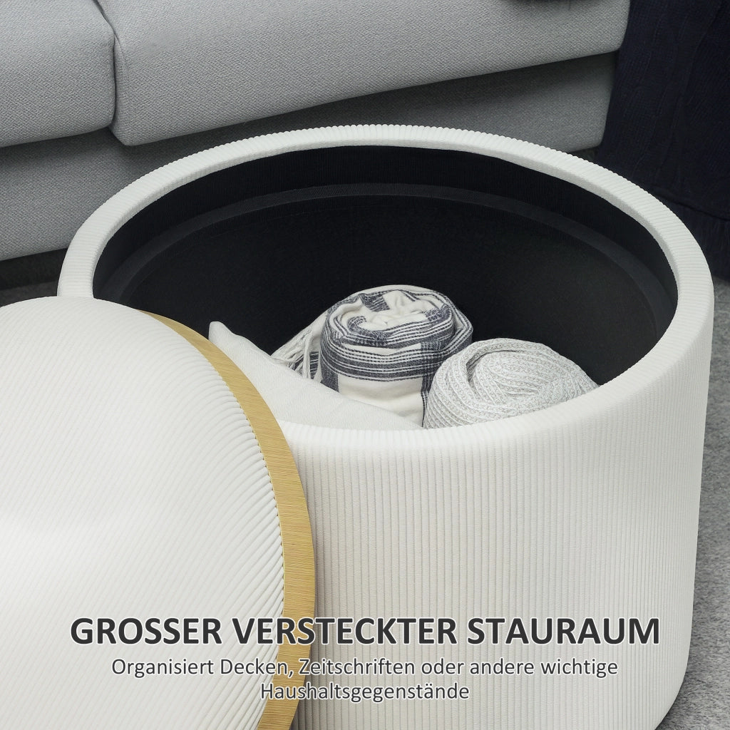 Pouf contenitore rotondo ¨C Xylo ¨C Tessuto a coste crema con vano portaoggetti