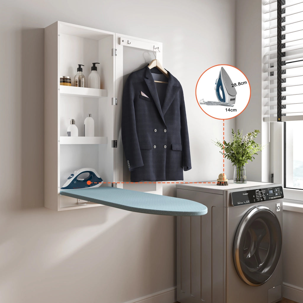 Mobiletto da parete con asse da stiro pieghevole e specchio, bianco in MDF
