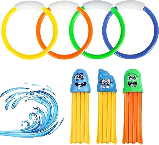 Giocattoli per piscine all'aperto - Attrezzatura per bambini per il tuffo - Estate - 3 pezzi di kraken da tuffo e 4 anelli da tuffo