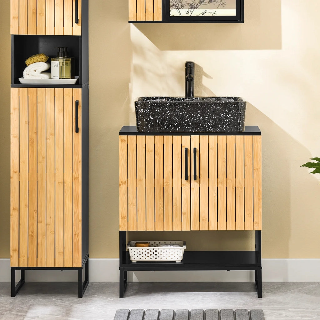SoBuy Mobile Sottolavabo Bagno 60 cm Mobiletto Salvaspazio con Ante in Bambù e Piedini in Metallo Armadietto Moderno Sotto Lavabo per Bagno Piccolo BZR202-SCH