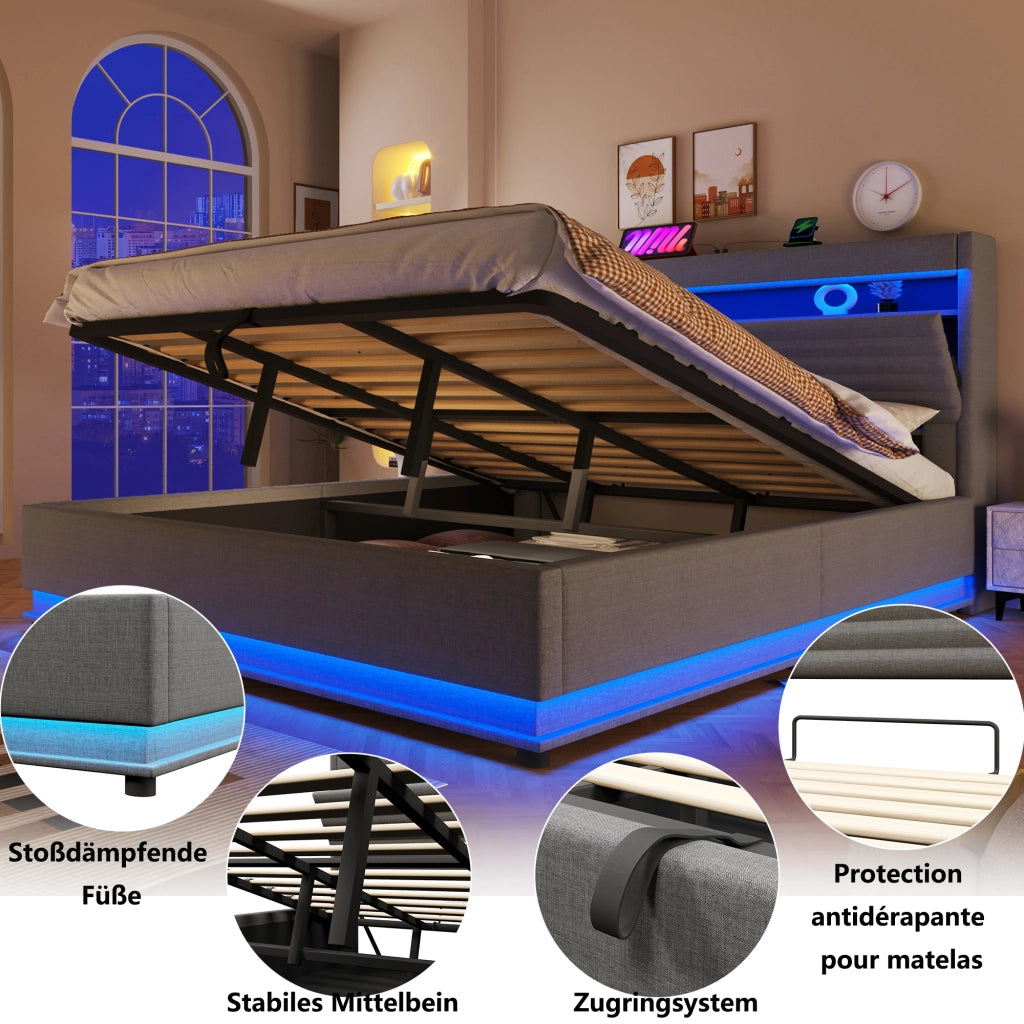 Letto Contenitore Matrimoniale 180x200 cm; USB Type-C; LED; con Rialzo Idraulico; Grigio