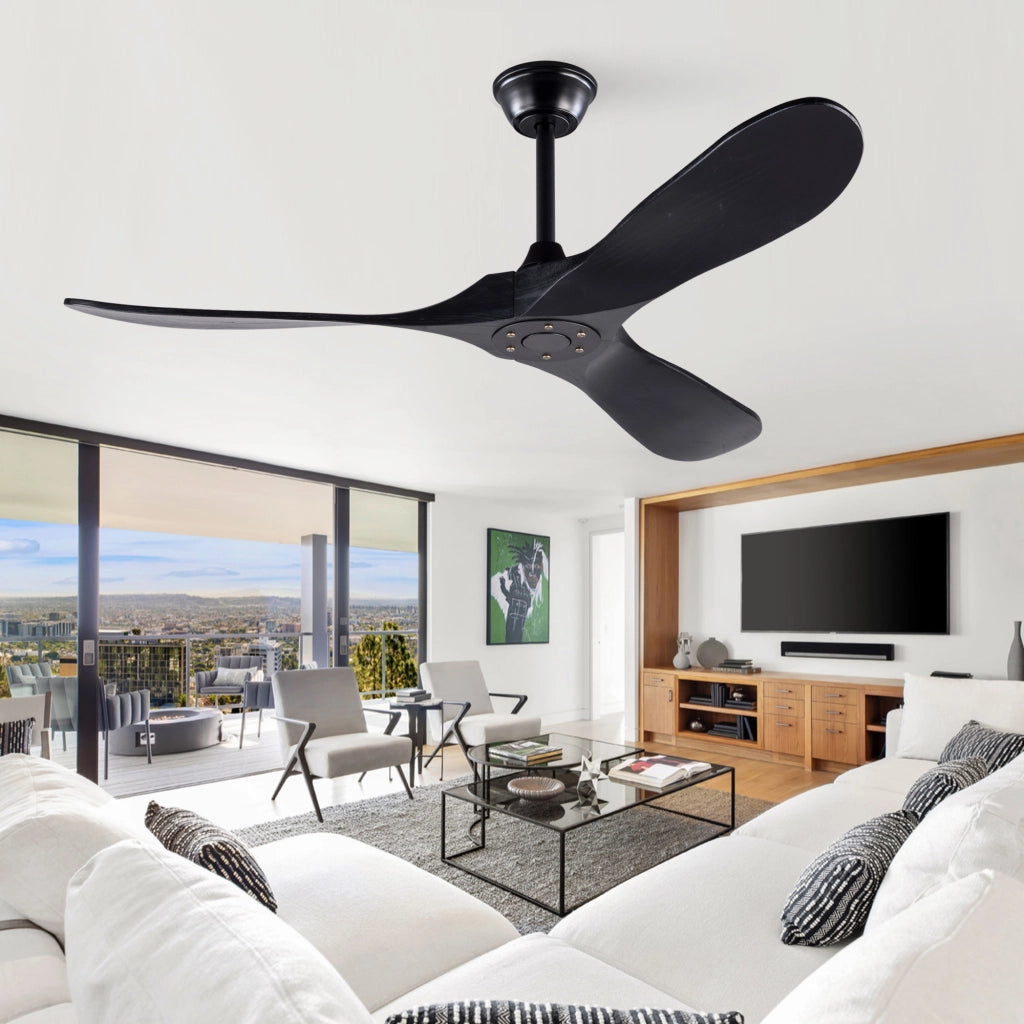 Ventilatore da soffitto nero design moderno 52 pollici, 3 pale legno massello, senza illuminazione, motore DC reversibile silenzioso