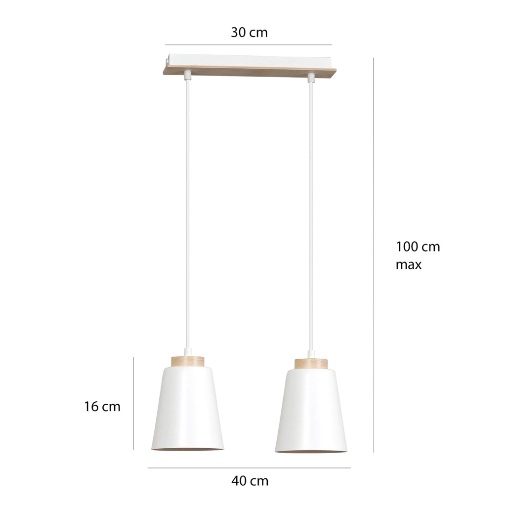 Lampadario 2 Luci Lancillotto Con Paralumi A Cono In Acciaio Bianco E Legno Naturale