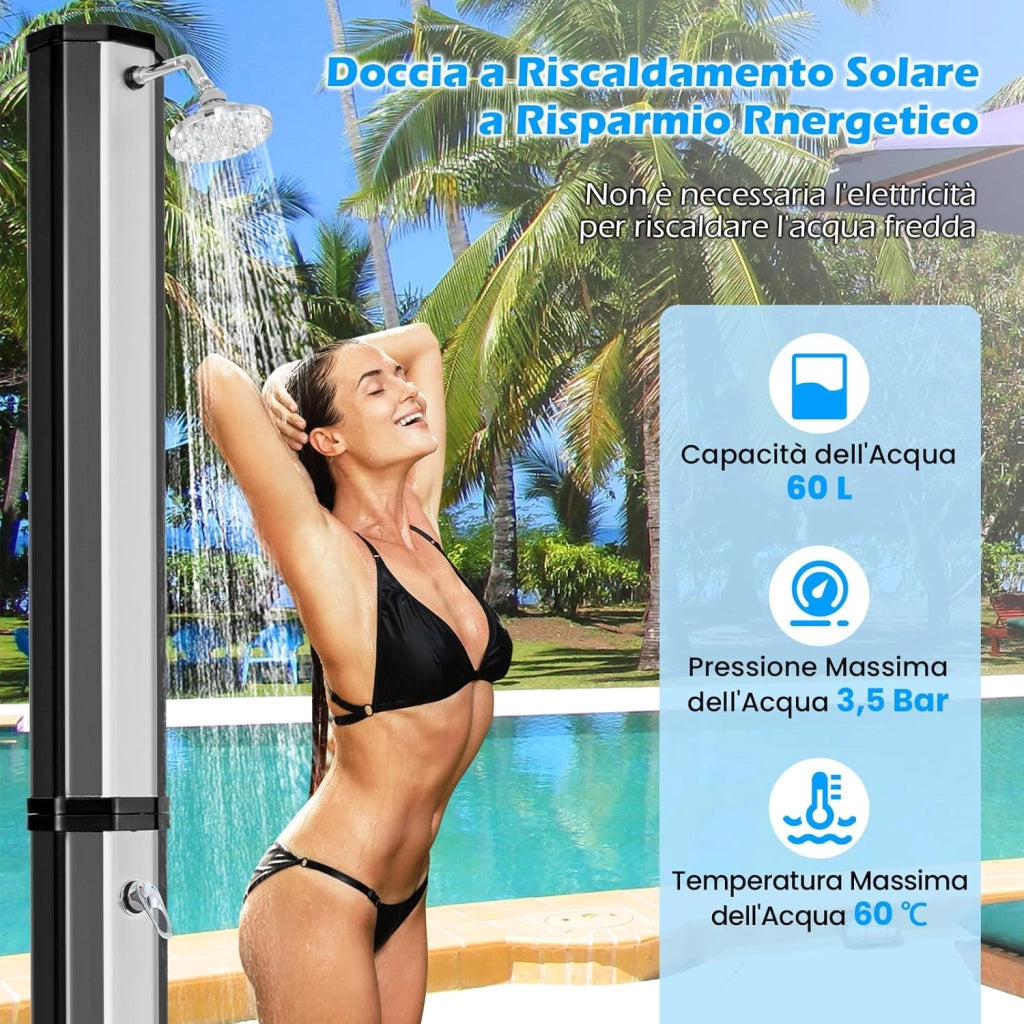 Doccia Solare da Esterno 60 L, Doccia da Giardino con Soffione 360°, Rubinetto per Piedi, Copertura Protettiva e Attacco per Tubo da Giardino, Fino a 60°C, per Piscina e Campeggio (Modello 2)