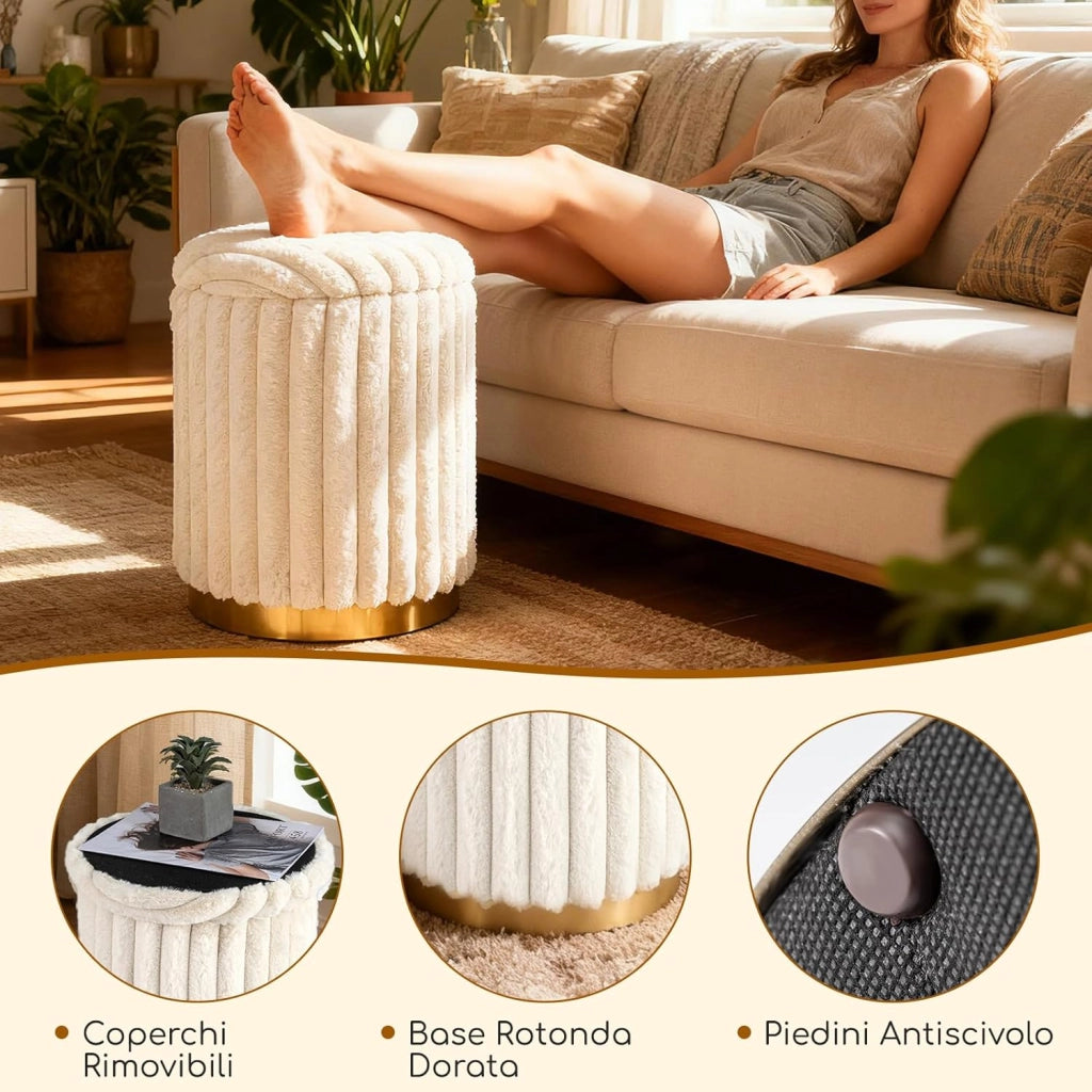 Set di 2 Pouf Contenitori Rotondi, 32L + 21L, Poggiapiedi in Pelo di Coniglio con Coperchi Rimovibili e Scomparti Nascosti, Sgabelli Imbottiti Impilabili per Soggiorno e Camera da Letto