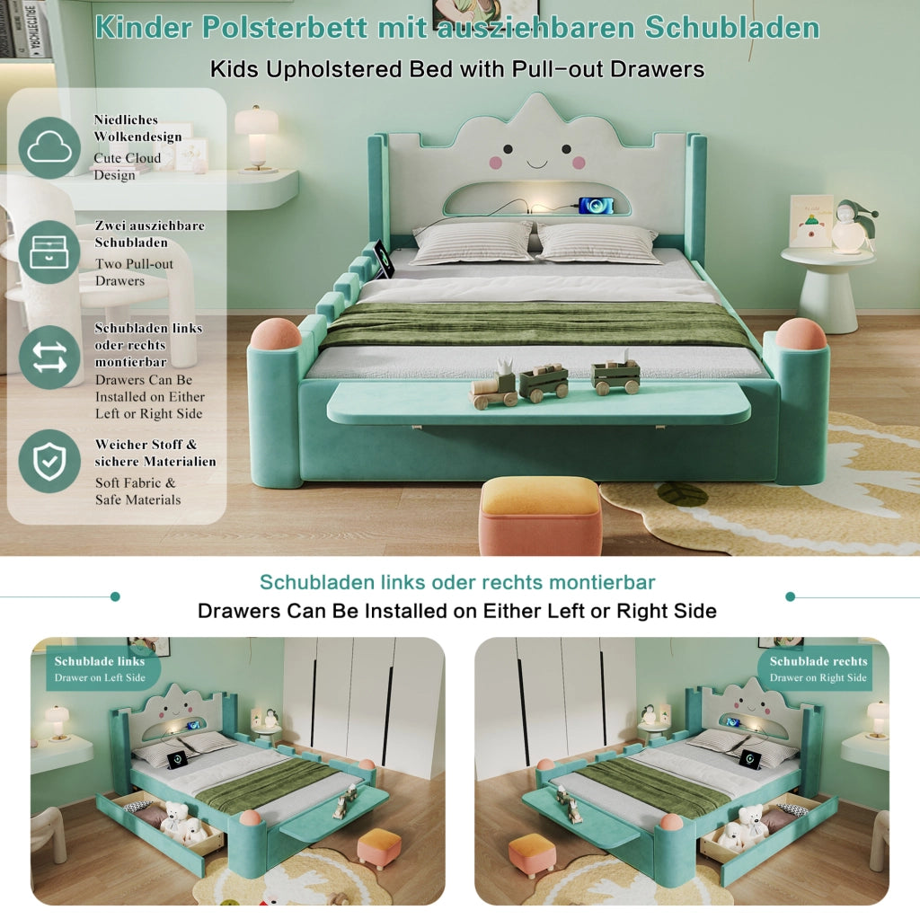 Letto imbottito per bambini a nuvola 140x200 cm blu-verde