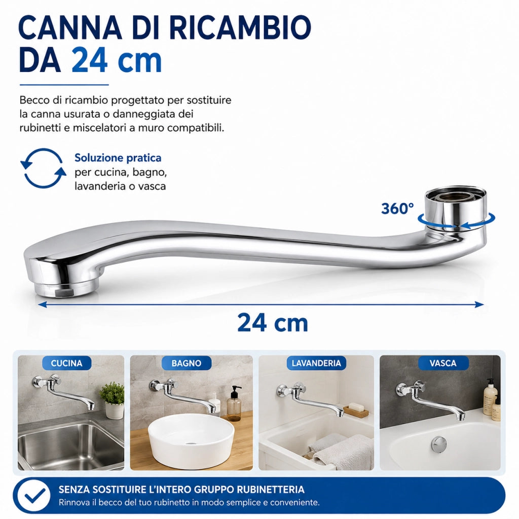 Canna Ricambio Cromata 24 cm Girevole per Rubinetto a Muro 710048