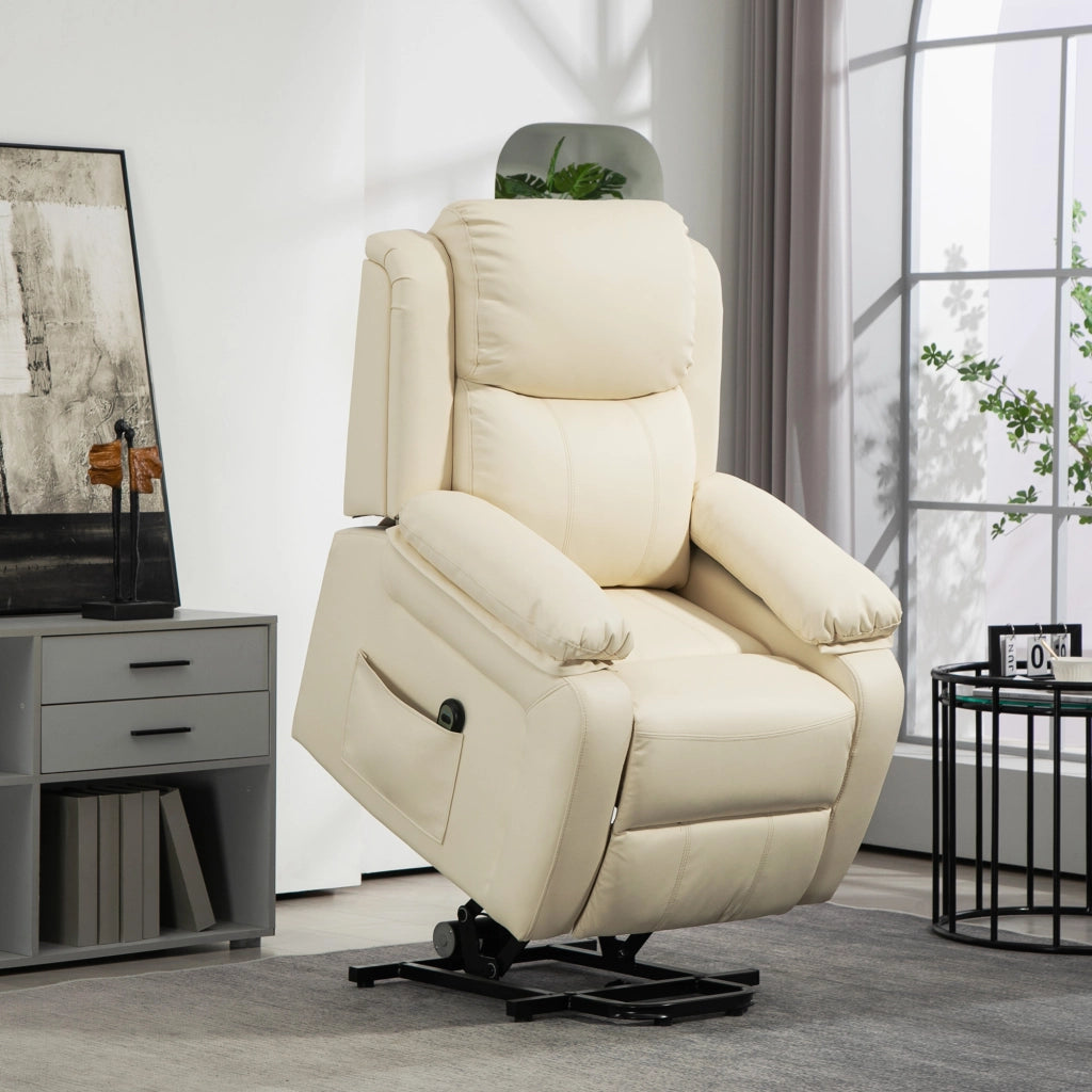 Poltrona Elettrica Alzapersona Reclinabile 160¡ã, Poltrona Relax Elettrica in Pelle PU con Telecomando, Poggiapiedi e 2 Tasche Laterali per Soggiorno, Bianco Crema