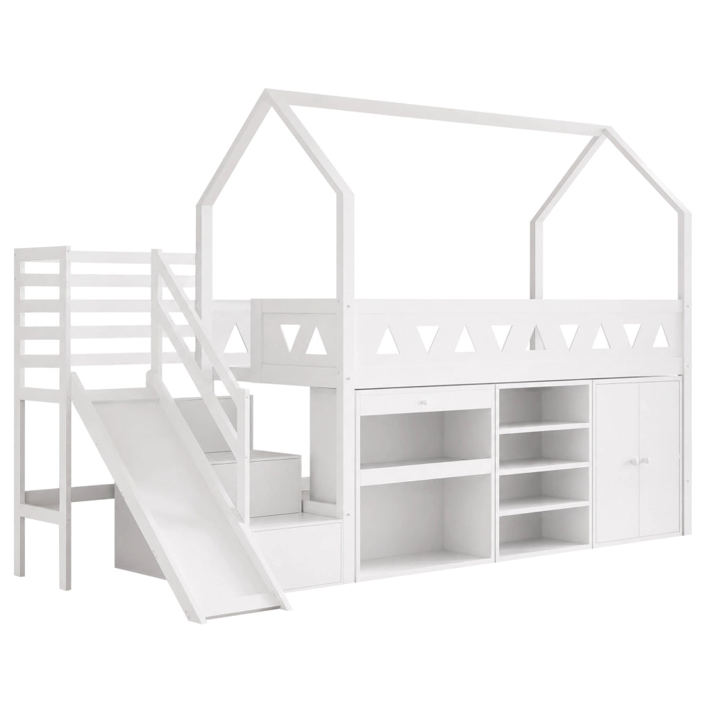 Letto per bambini 90x200 cm con scivolo, scale e cassetti
