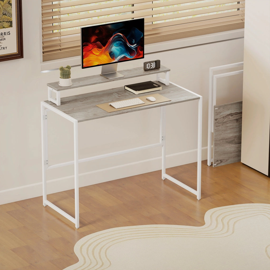 Scrivania Pieghevole Salvaspazio con Stand per Monitor Rimovibile, 100x48x87.5 cm, Legno