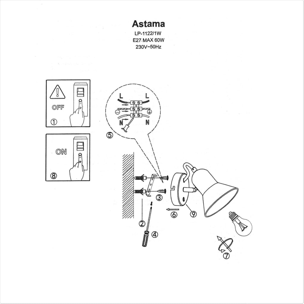 Applique Astama bianca 1xE27 con interruttore Light Prestige