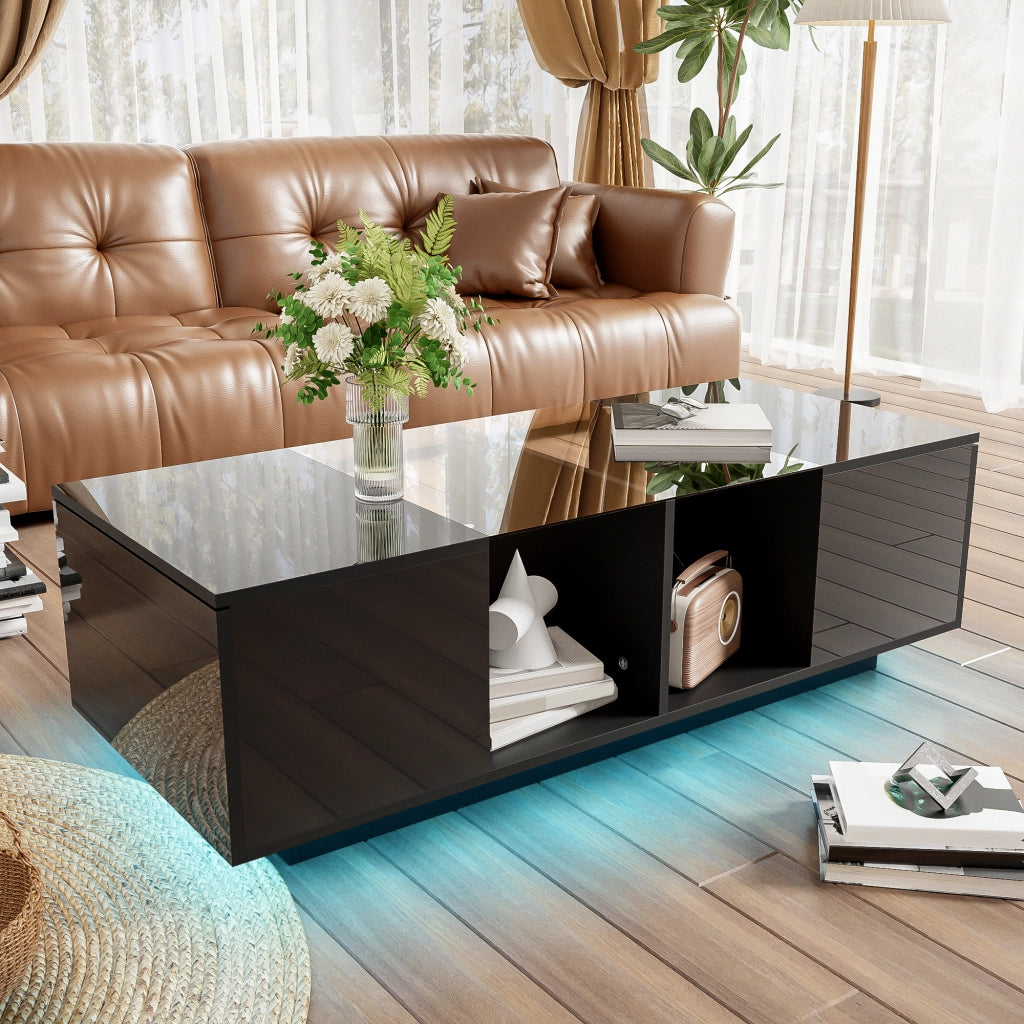 TAVOLINO DA SALOTTO LED 120 x 50 x 38,5 cm Nero Vetro