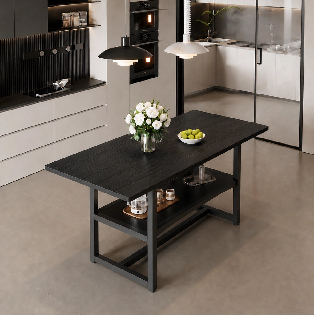 Tavolo da pranzo 160 cm nero MDF e metallo con ripiano integrato