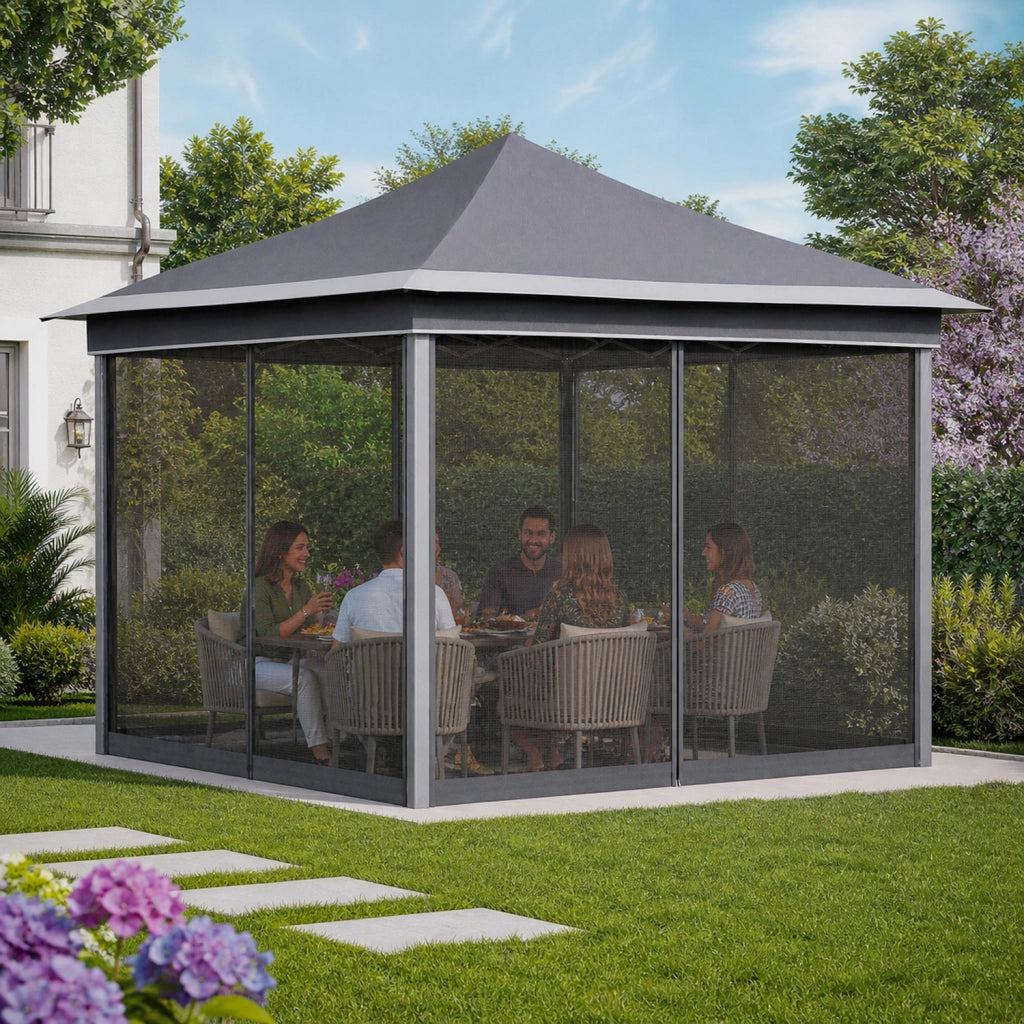 Gazebo Pieghevole Da Giardino Con Teli Zanzariera Laterali Copertura Oxford UV50+ Telaio Regolabile Pop Up Con Borsa Trasporto Outdoor 360 x 360 x 310 Cm Grigio Scuro