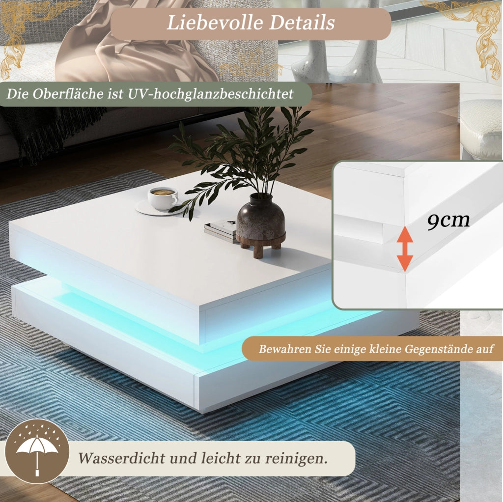 Tavolino da caffè quadrato bianco con illuminazione LED Bluetooth, 70 x 70 x 36 cm