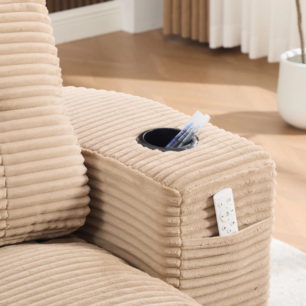 Sedia relax 2 in 1 in corduroy khaki con funzione letto, schienale alto, seduta extra profonda e portabicchieri doppi