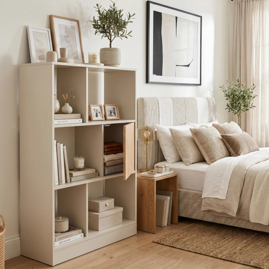 Libreria Karena Scaffale da Terra con Anta e 5 Vani Aperti 112x70x30 cm - Bianco Crema/Effetto Rovere [en.casa]
