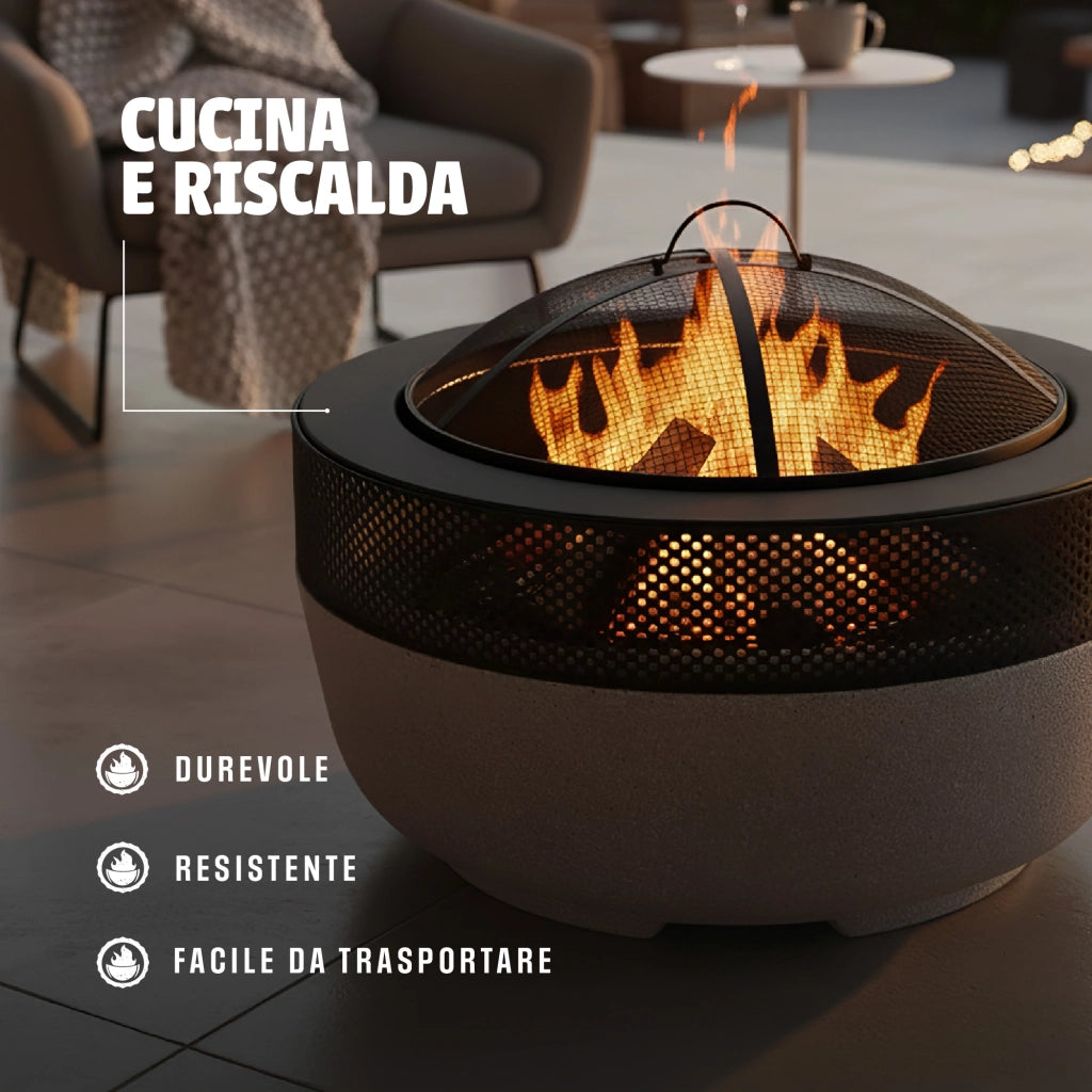 Braciere BBQ 2 in 1 da Esterno con Griglia – Focolare Rotondo in Acciaio e Pietra Naturale, 56 cm – Braciere a Legna con Coperchio Parascintille per Giardino e Terrazzo