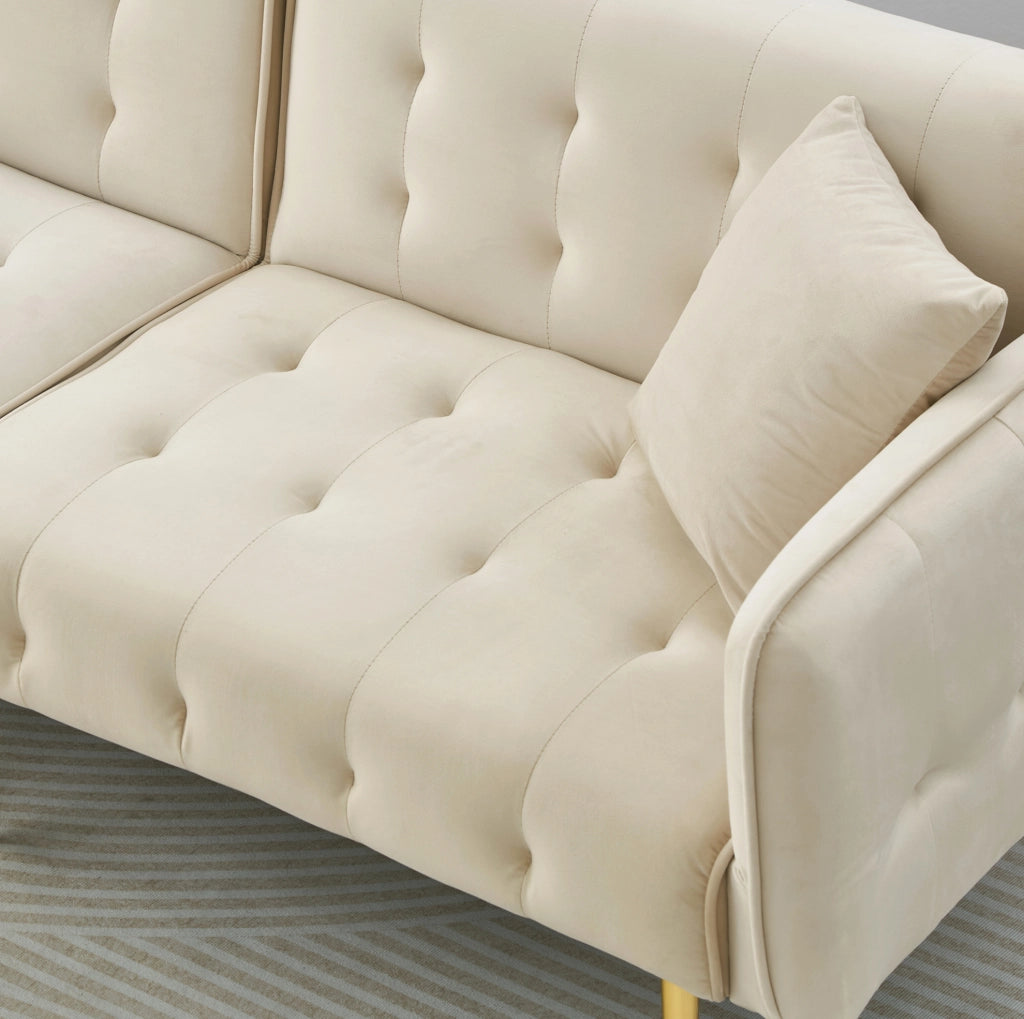 Divano letto a 2 posti 215x81.5 cm con schienale e braccioli regolabili in velluto beige