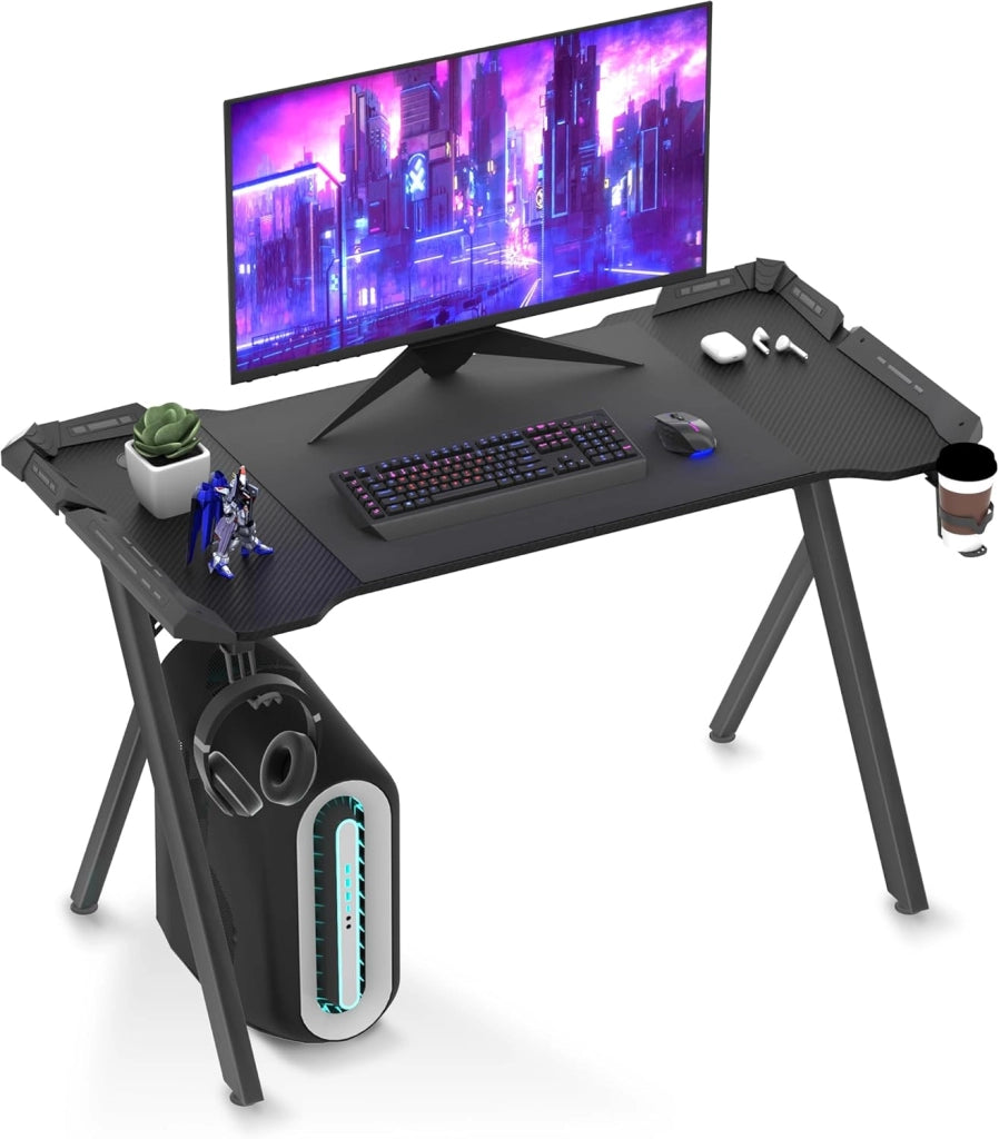 Tavolo da gioco con LED, 120 x 60 cm, scrivania da gioco con porta bevande e gancio per cuffie, tavolo da gioco con rivestimento in fibra di carbonio, nero, telaio a Y