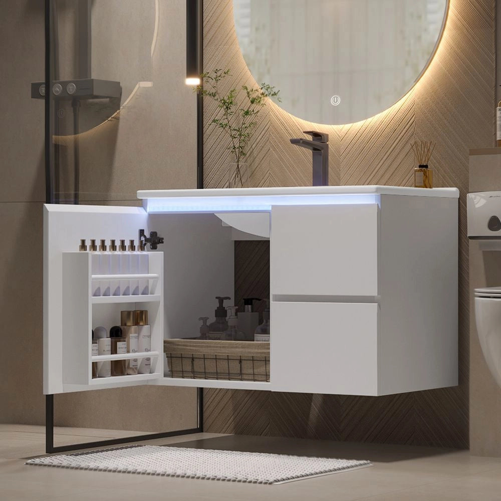 Armadio bagno sospeso - Xylo - 76x46x50 cm - Bianco - LED radar, lavabo integrato, due cassetti