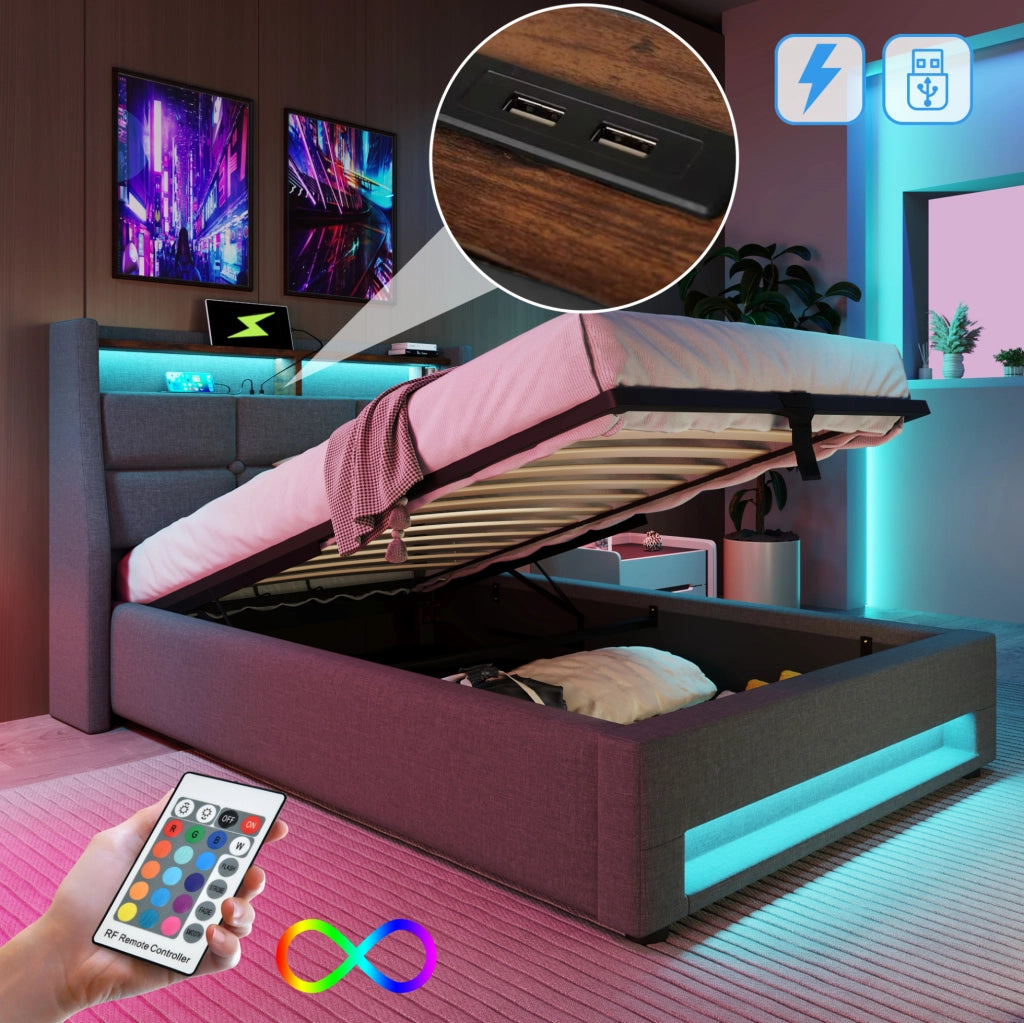 Letto singolo imbottito ULEVR 90x200 cm con materasso, contenitore a gas, LED e 2 USB, grigio