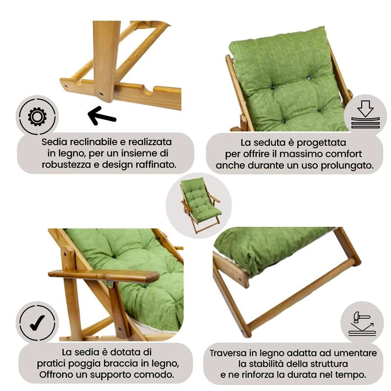 MAURY'S POLTRONA RELAX VERDE TINTA UNITA COMODONA IN LEGNO 3 POSIZIONI CON CUSCINO IMBOTTITO