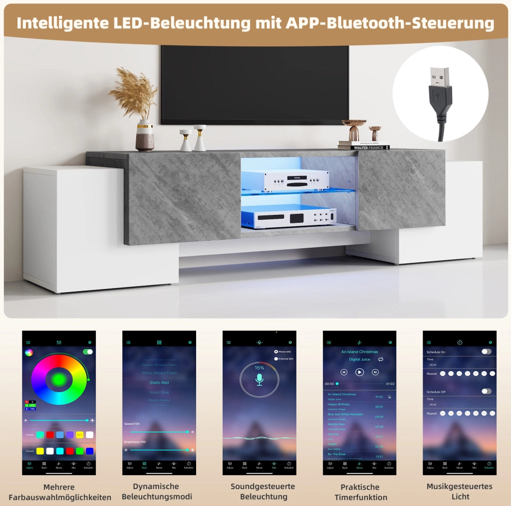 Mobile TV moderno bianco e grigio con LED e vetri temperati