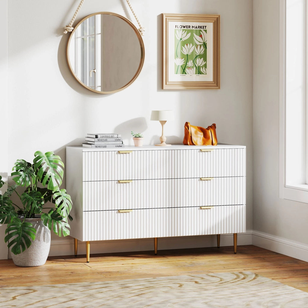 Cassettiera 6 cassetti ¨C Xylo ¨C bianco con maniglie dorate, 120x40x76,5 cm