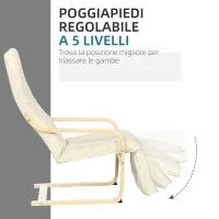 Poltrona Relax con Poggiapiedi a 5 Livelli e Poggiatesta, Legno di Betulla e Tessuto, 66,5x94x100 cm, Crema