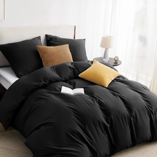 Set da letto 135 x 200 cm, 2 pezzi neri - set da letto nero 1 coperta da letto 135 x 200 cm + 1 cuscino 80 x 80 cm, tessuto da letto Öko-Tex con chiusura a raso con microfibra in poliestere