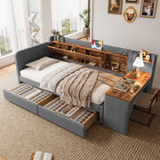 DESMIU Letto banquette 90 × 200 cm 1 piazza con 2 cassetti, scrivania, USB, Type-C e vano, senza materasso, grigio