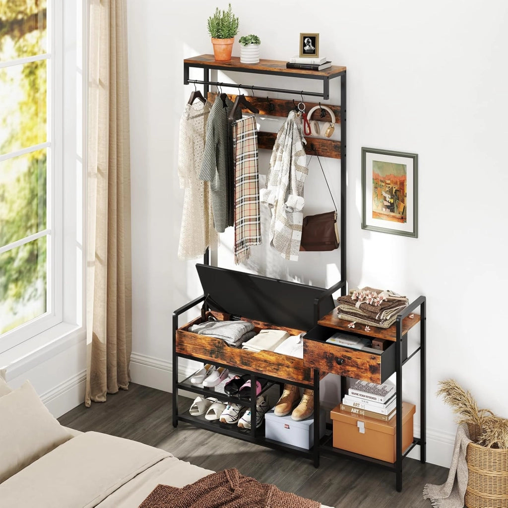 Appendiabiti da Terra 178 cm, Stand Appendiabiti da Ingresso con Scaffale per Scarpe 12 Ganci Cassetti e Panchina, Stendibiancheria per Ingresso Soggiorno Camera da Letto