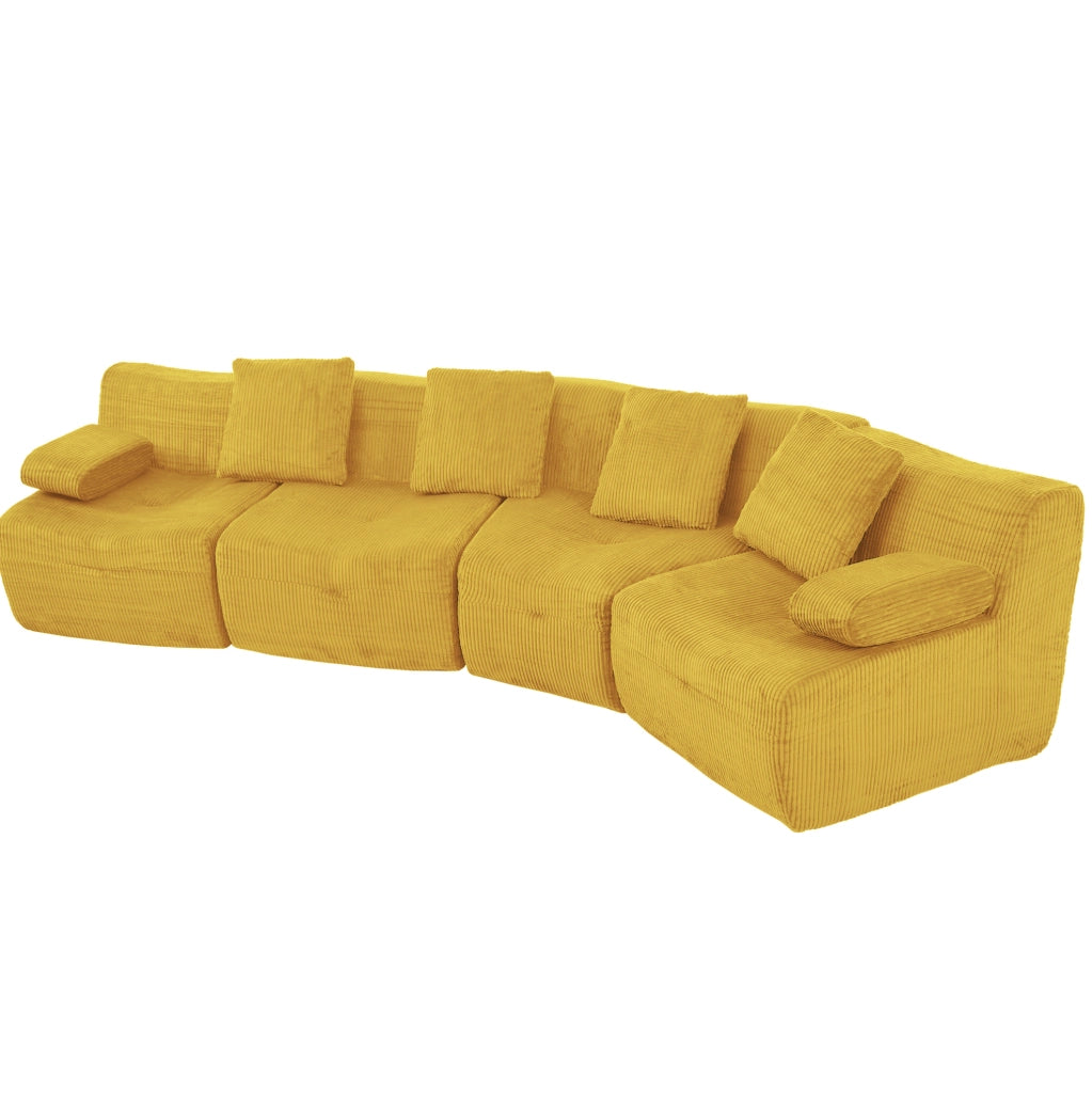Divano modulare 4 posti in velluto a coste; 4 moduli indipendenti; 311×90×65 cm; giallo brillante