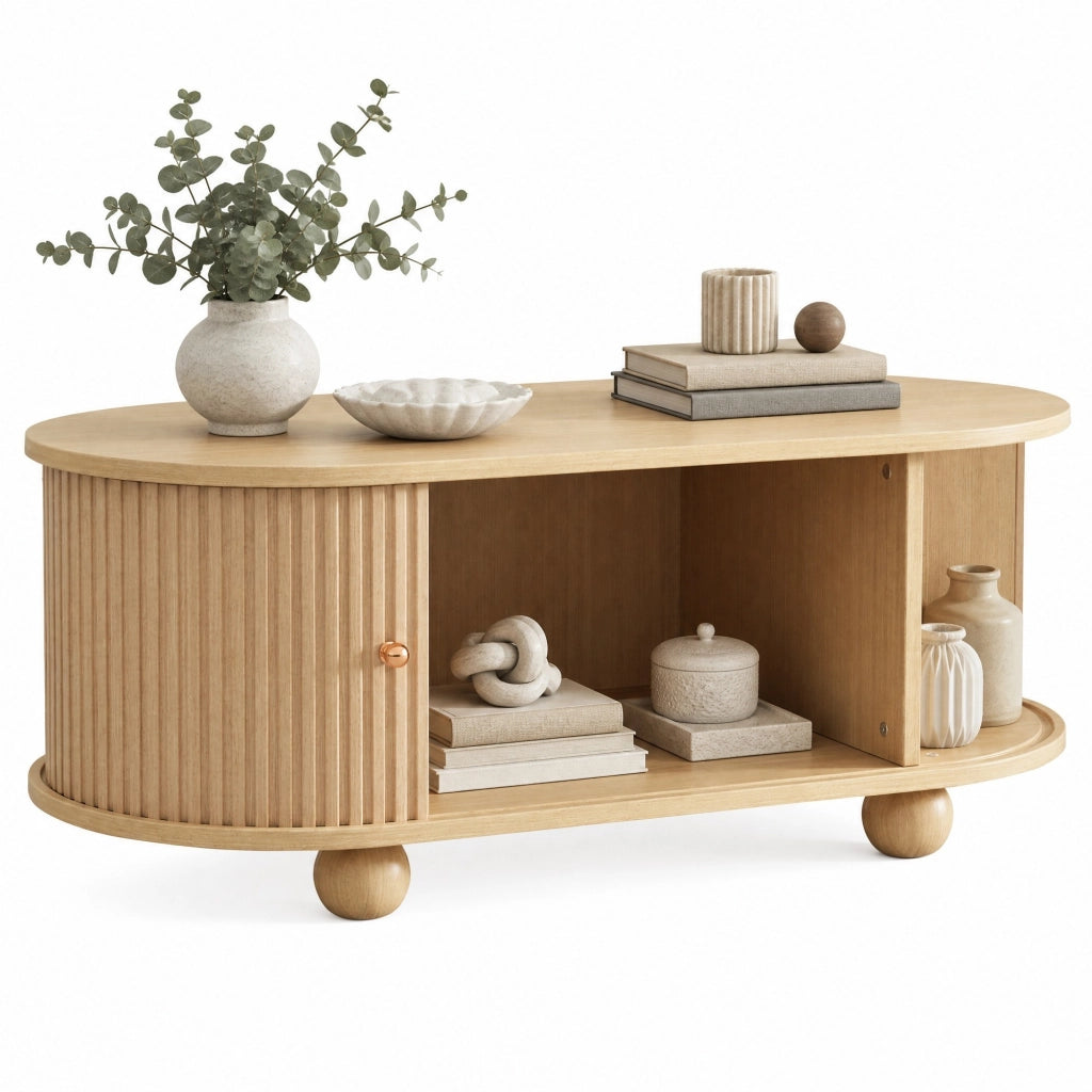 Tavolino da caffè ovale con vano contenitore; ante scorrevoli; 100x50x40 cm; MDF; effetto legno