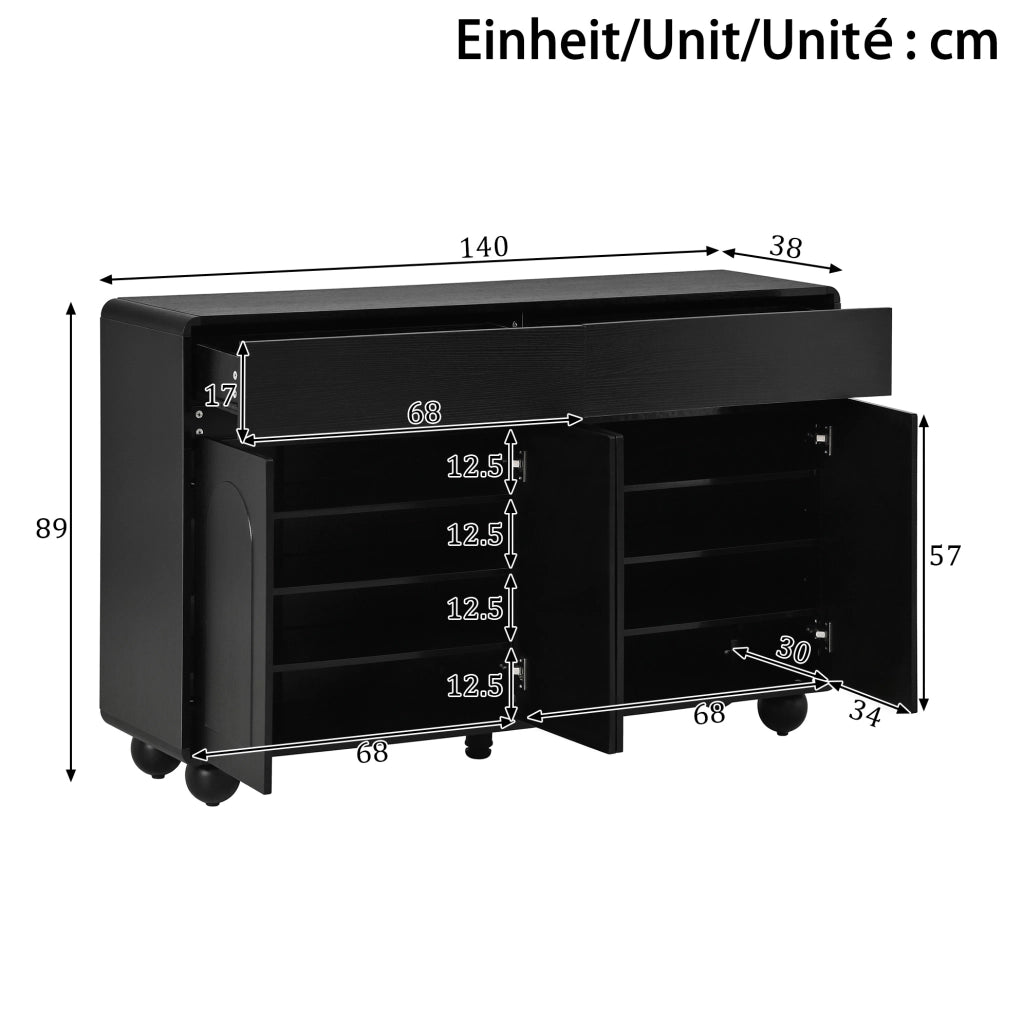 Credenza 140x38x89 cm nera in MDF e pannello truciolare, 2 cassetti e 4 ante