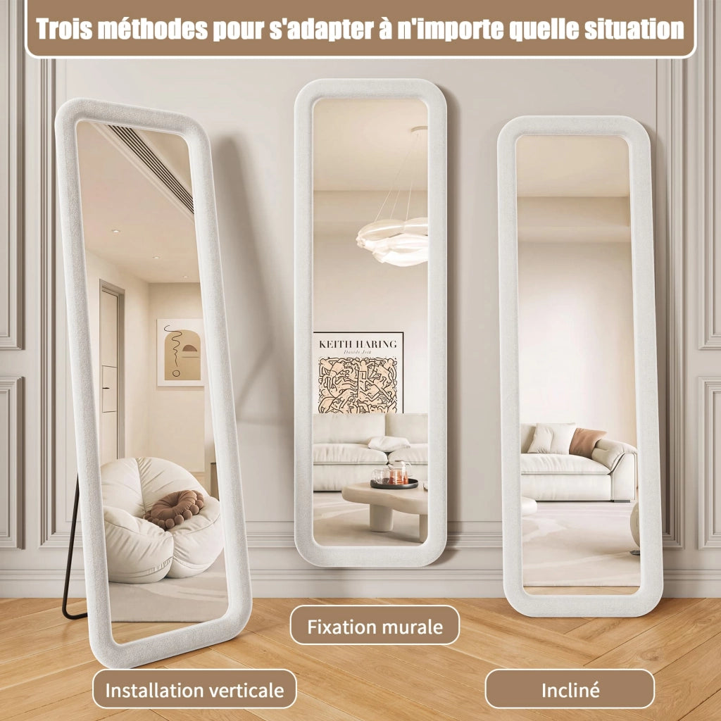 Specchio a figura intera 160x50 cm; specchio da terra con supporto; specchio da parete; cornice in flanella bianca; autoportante o da appoggio