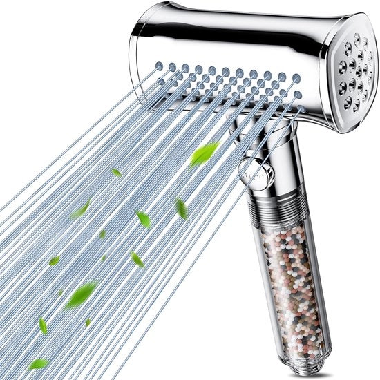 Douchekop con filtro in 8 strati di filtrazione, alta pressione, 4 tipi di getto e funzione di pausa, idromassaggio idoneo per acqua dura e acqua con resti di cloro e metalli pesanti.