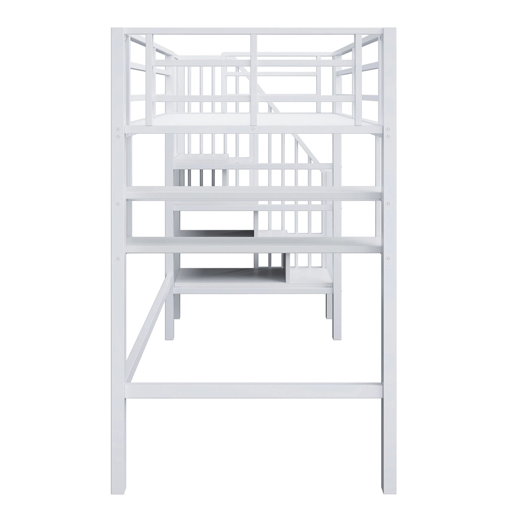 Letto a soppalco 90x200 cm con ripiani; scala contenitore e spazio libero; metallo e MDF bianco