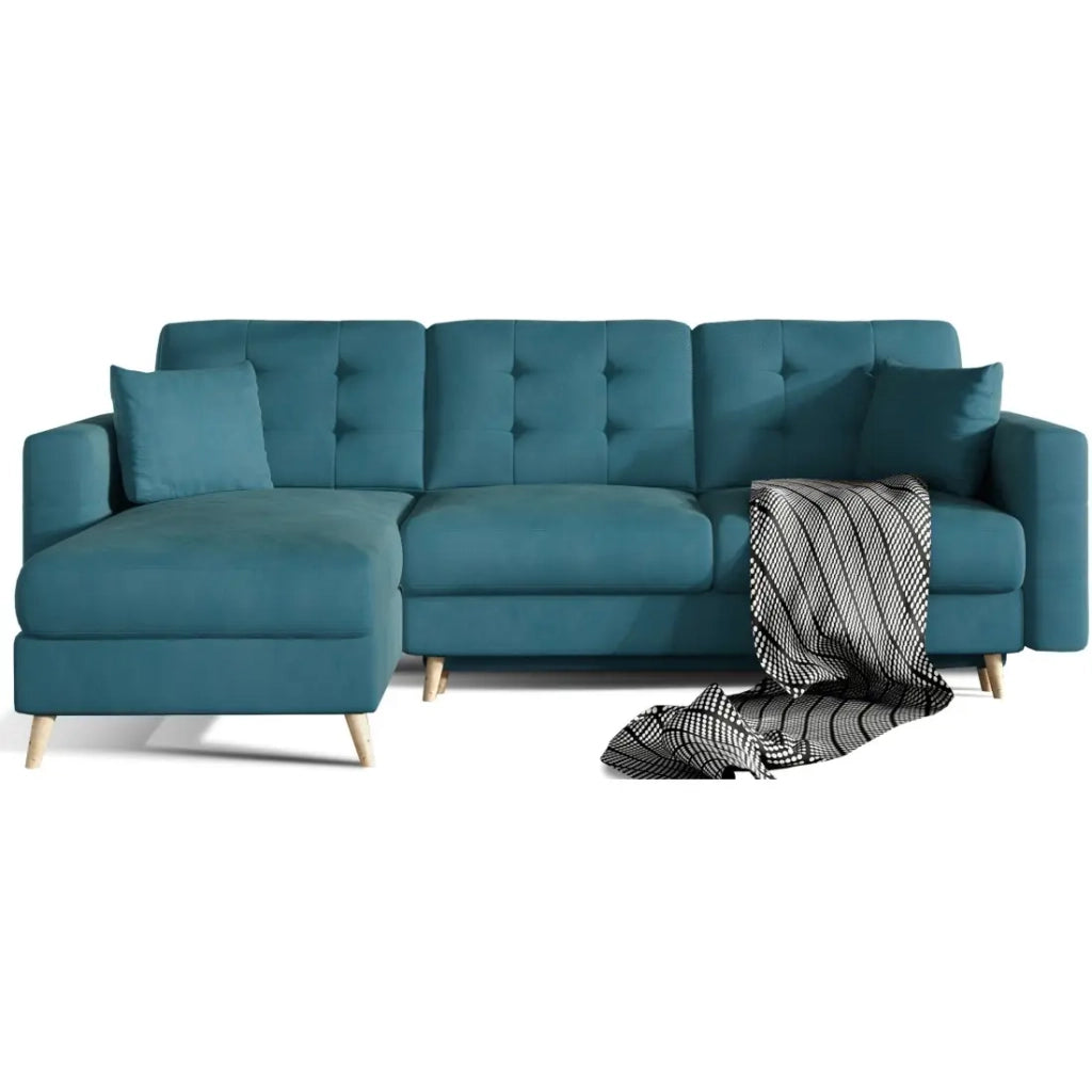Divano angolare trasformabile HASGARD 3 posti blu 248x162 cm - con vano contenitore e piedi in legno