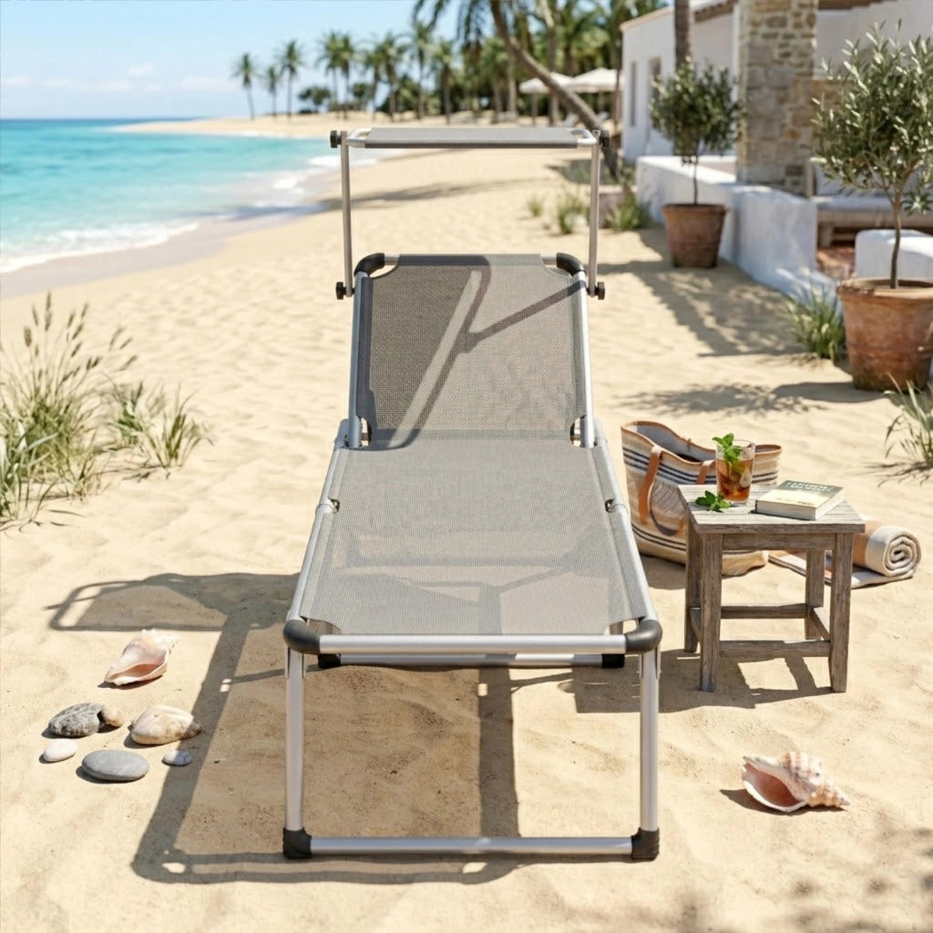 Lettino Pieghevole Prendisole Con Tettuccio Parasole Schienale Reclinabile Regolabile in 6 Posizioni Sedia Sdraio Per Spiaggia Mare Giardino Piscina 187 x 59 x 29 Cm Grigio Scuro