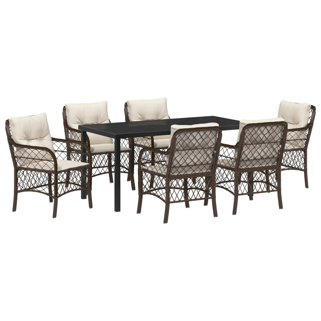 Set di Mobili da Pranzo da Giardino di 7 Pezzi con Cuscini Marrone Rattan Polimerico