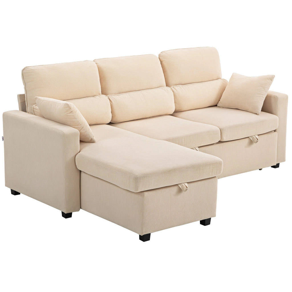 Divano Letto Angolare con Vano Contenitore 205x135x76 cm Rivestimento in Velluto a Coste Beige