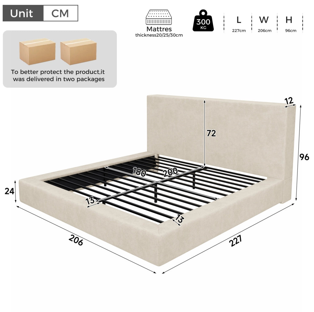 Letto matrimoniale imbottito 180x200 cm con rete a doghe e testiera in tessuto chenille beige