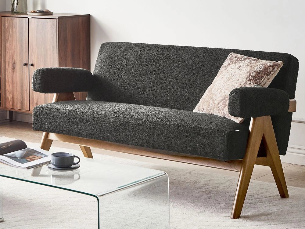 Divano a 2 posti Rivestimento in bouclé nero e marrone scuro Design retrò Gambe in legno Soggiorno