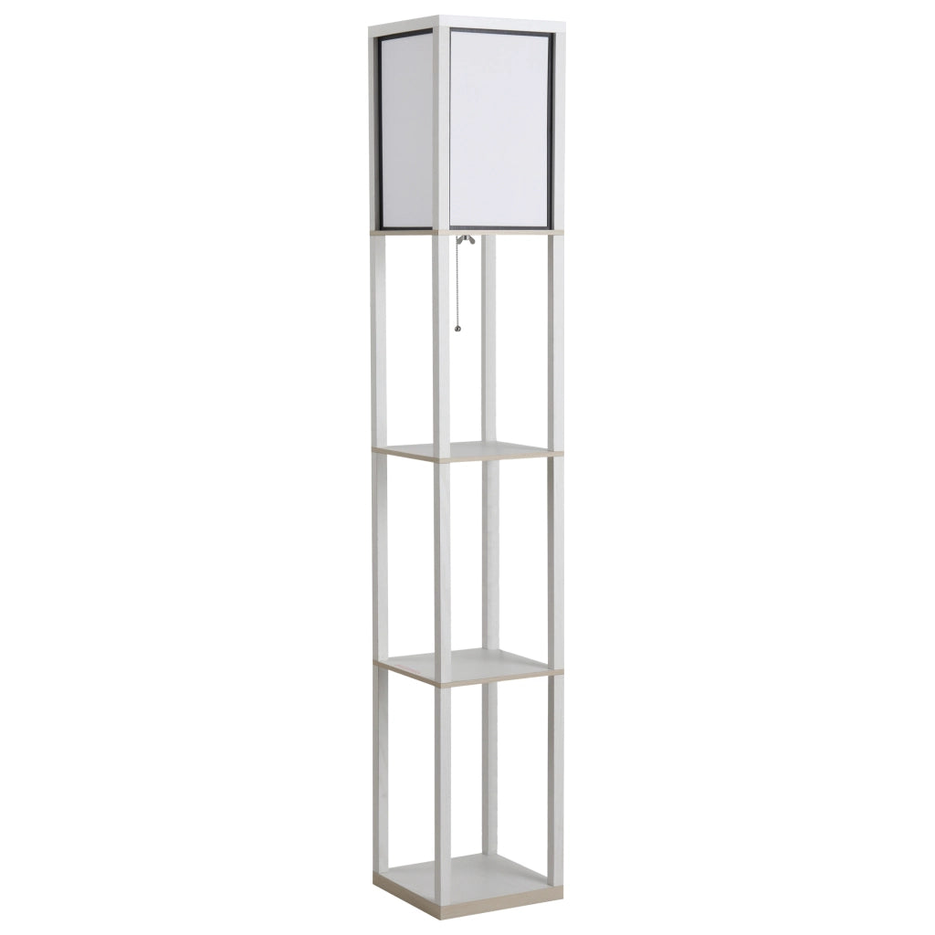 Lampada da Terra 40W con 3 Mensole e Interruttore a Tirante. in Legno e PS. 26x26x160 cm. Bianco