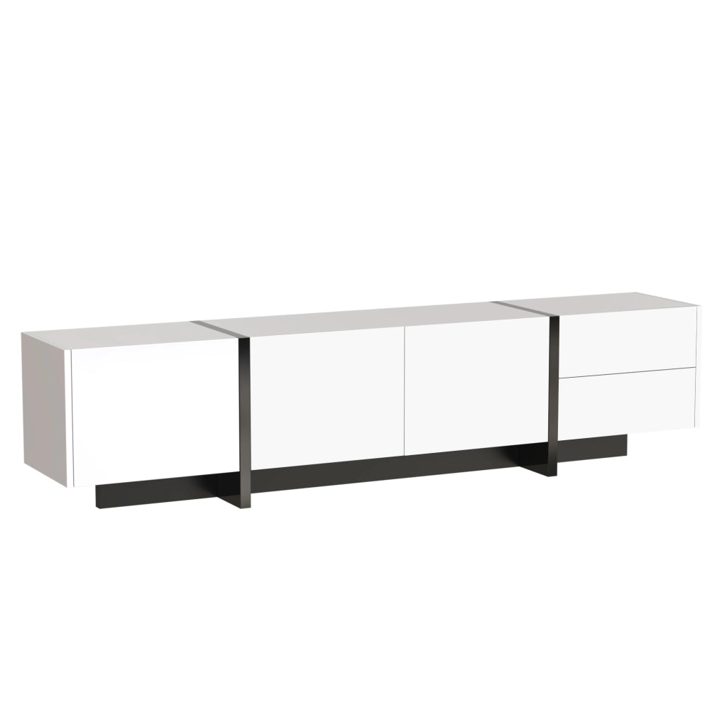 Mobile TV con 3 Ante e 2 Cassetti; Bianco Lucido con Piedini Neri; Soggiorno; 190??35??45 cm; Pannello Truciolare